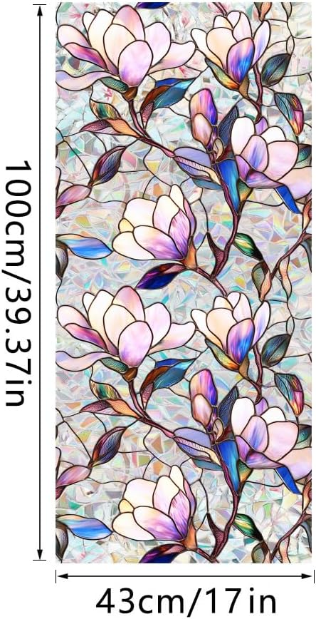 Stained Window Film Decorative Purple Magnolia Flower Static Glass Clings Stickers for Home Office Living Room Bedroom Glass Windows Door Decor 16.93 x 39.37 Inches