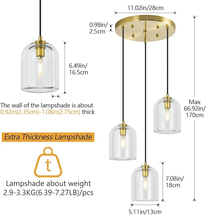 Modern Gold Pendant Lights Kitchen Island Ceiling Chandelier Indoor Crystal Hanging Light Fixtures for Dining Room Kitchen Living Room Bedroom（3Light）