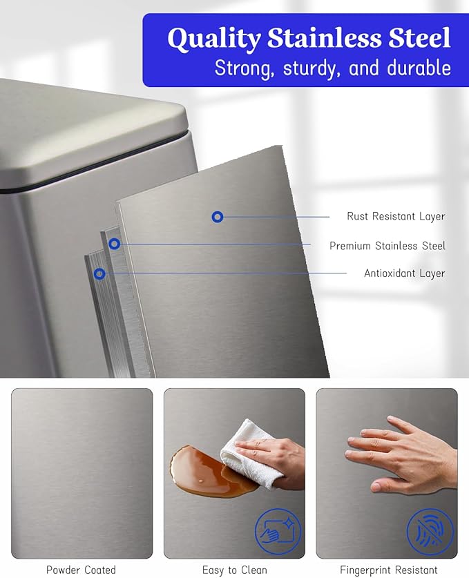 8 Gallon Slim Trash Can with Soft Close Lid, Stainless Steel Trash Can with Removal Inner Bucket, Hand -Free Trash Bin for Kitchen, Office, Laundry, Bathroom, 30 Liter Capacity, Grey