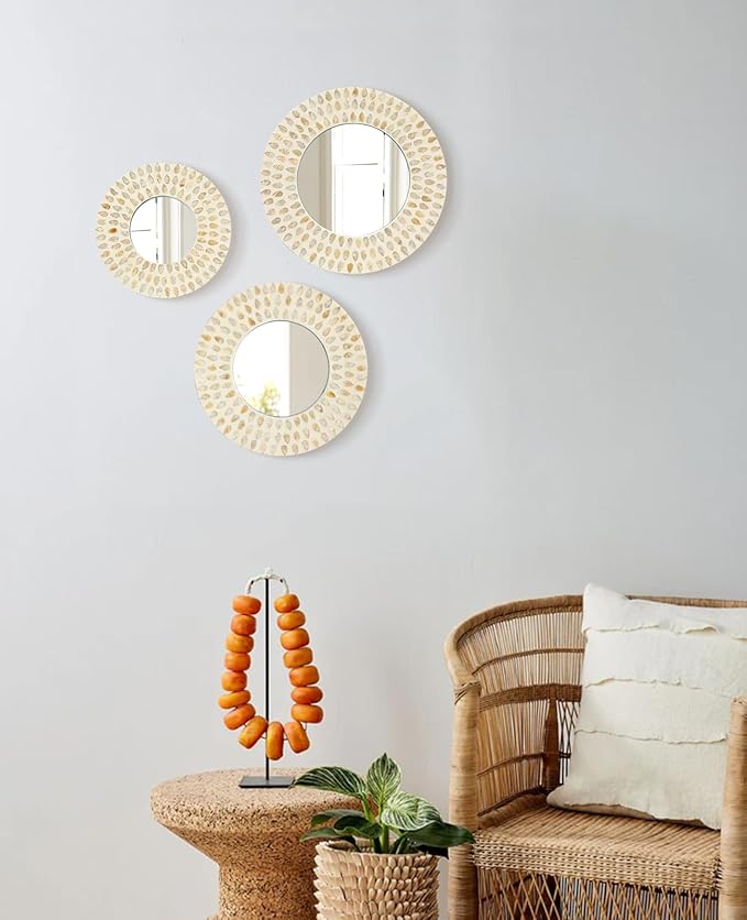 Boho Mirror Wall Decor for Living Room, 3PCS Natural Mother of Pearl Decorative Mirror for Farmhouse Rustic Home, Hanging Sculptures for Women Bedroom Hallway Porch Decoration (Light Brown)