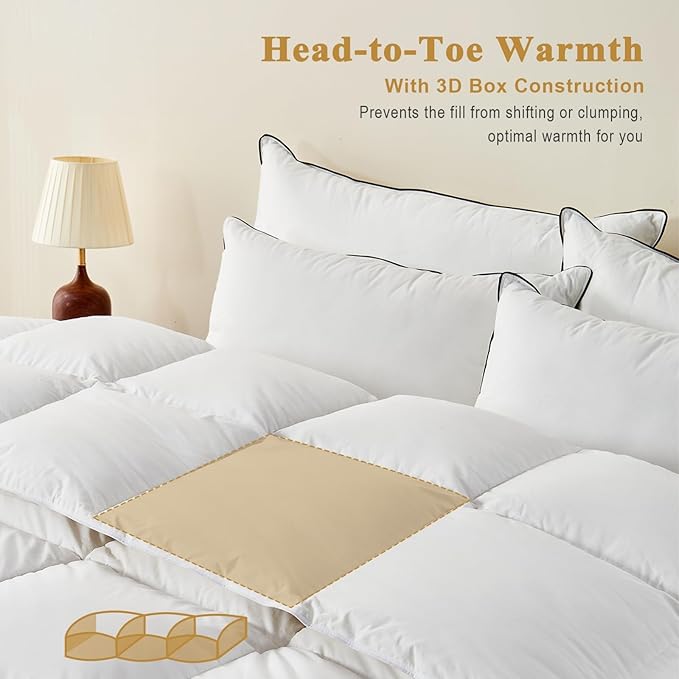 100% Organic Feather Down Comforter California King, Luxury Extra-Fluffy Duvet Insert, All Season Bed Comforter with Ultra-Soft Organic Cotton Case (104x96 Inch, Ivory White)