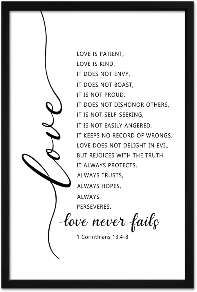 flowtorely Love Is Patient Kind Sign 1 Corinthians 13 Wall Decor 24"×16" Love Never Fails Quotes Bible Verse Wooden Framed Wall Hanging Art (Black)