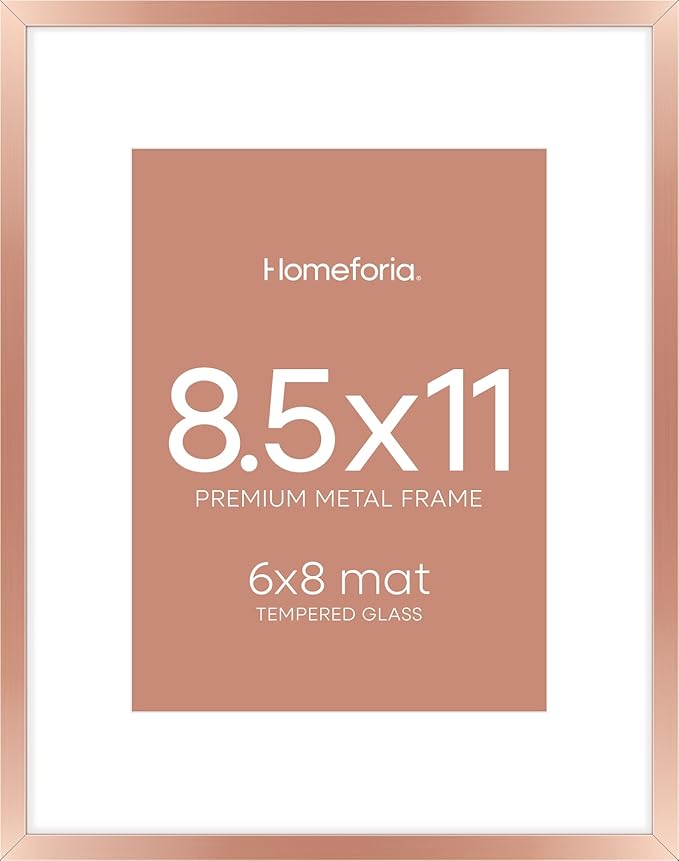 Homeforia 8.5x11 Rose Gold Frame, High End Metal 8.5 x 11 Picture Frames with Mat 6 by 8 inch Photo, 11x8.5 Poster Frame Matted to 6x8 Print, Wall or Tabletop Frame, Tempered Glass, Wall Kit, Set of 1