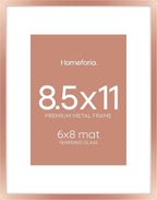 Homeforia 8.5x11 Rose Gold Frame, High End Metal 8.5 x 11 Picture Frames with Mat 6 by 8 inch Photo, 11x8.5 Poster Frame Matted to 6x8 Print, Wall or Tabletop Frame, Tempered Glass, Wall Kit, Set of 1