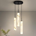 LMQNINE Natural Alabaster Pendant Lights for Kitchen Island White Marble Long Tube Chandelier Modern Black Ceiling Light Fixtures for Bedroom Dining Room Table Living Room Hallway(Y-3Light-Crackle)