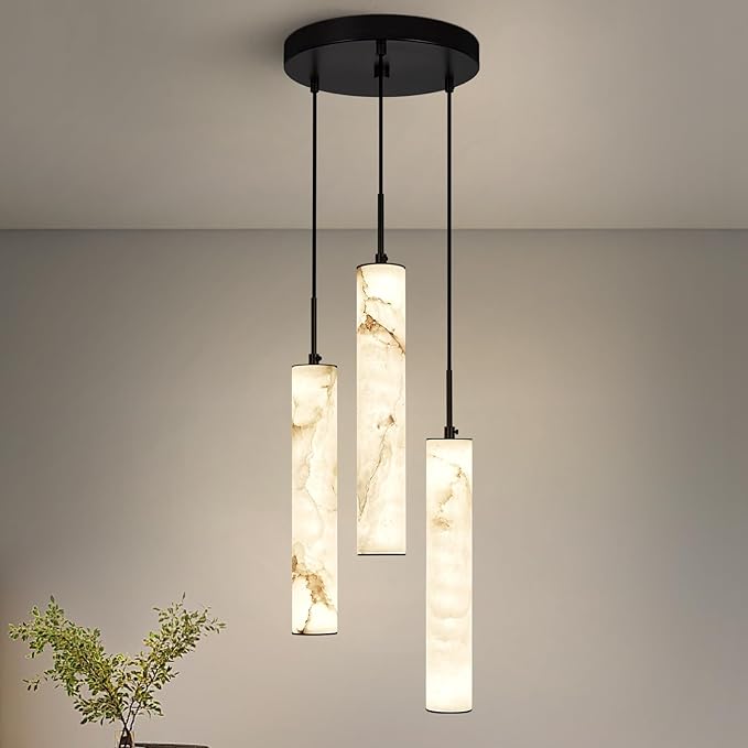 LMQNINE Natural Alabaster Pendant Lights for Kitchen Island White Marble Long Tube Chandelier Modern Black Ceiling Light Fixtures for Bedroom Dining Room Table Living Room Hallway(Y-3Light-Crackle)