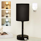 Small Bedside Table Lamp for Nightstand with USB & Outlet, 3 Color, Matte Black, Black Lampshade (LED Bulb Included)