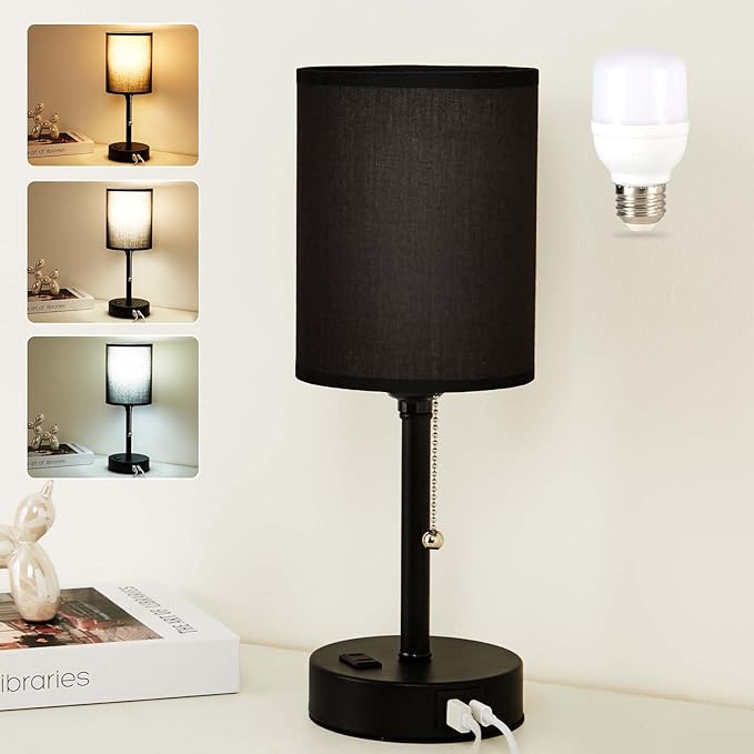 Small Bedside Table Lamp for Nightstand with USB & Outlet, 3 Color, Matte Black, Black Lampshade (LED Bulb Included)