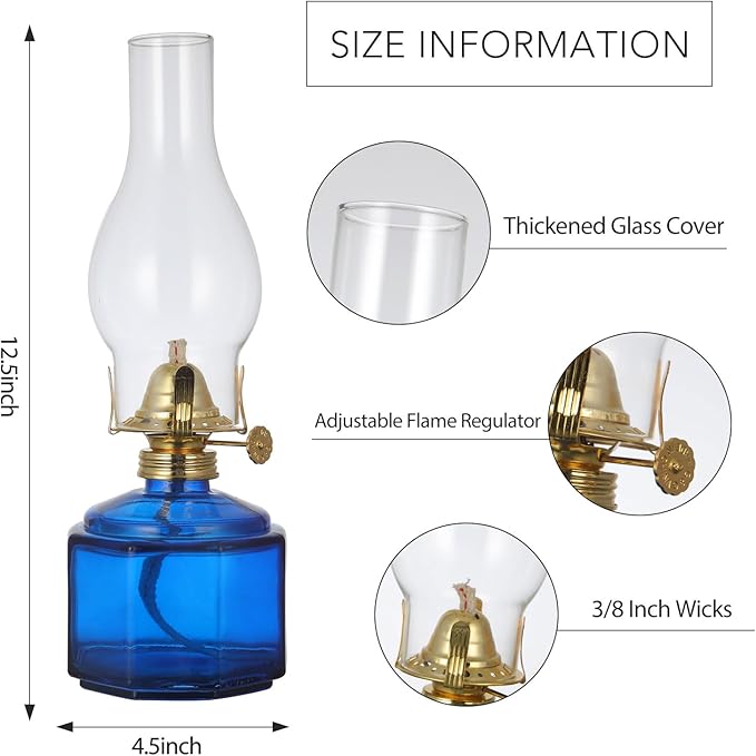 2 Pack Rustic Oil Lamp Large Vintage Glass Kerosene Lamp Chamber Oil Lamps for Indoor Use Home Decor Classic Old Hurricane Oil Lamp for Emergency Lighting 12.5''