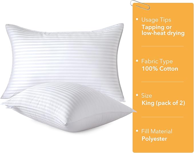 Oubonun King Size Pillows Set of 2 - Fluffy & Supportive Down Alternative Pillows with Zippered Cotton Cover - Breathable and Cool for All Sleeping Positions - Machine Washable - 20"x36"