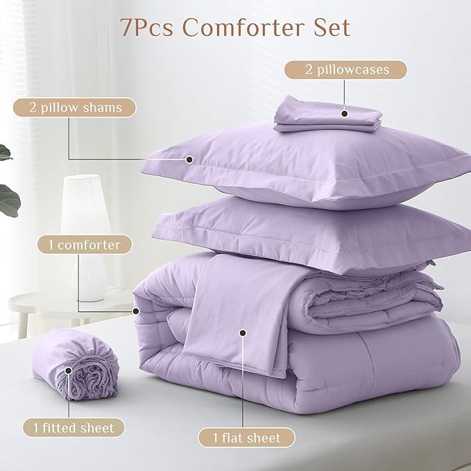 JOLLYVOGUE Full Comforter Set, Ultra-Soft Bed in a Bag Full Size 7 Pieces, Oeko-TEX Certified Bedding Set with Down Alternative Comforter, Sheets, Pillowcases & Shams, Lavender