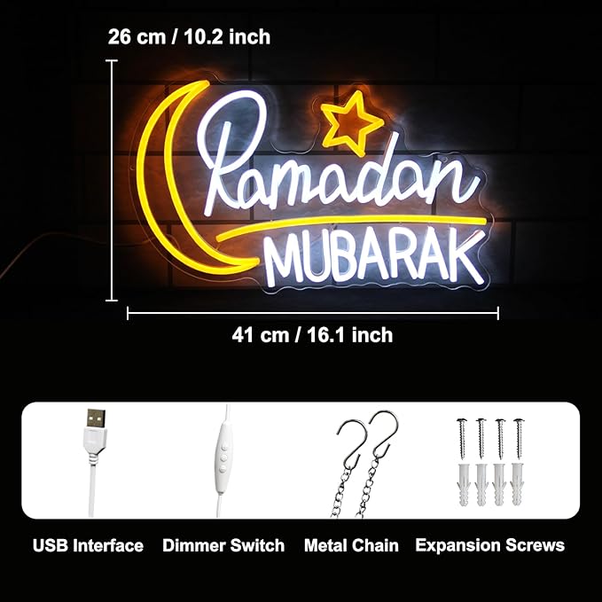 Ramadan Mubarak Neon Sign Islamic Wall Art Eid Mubarak Sign Moon Star LED Neon Light Dimmable Ramadan Neon LED Sign Bismillah Wall Sign Ramadan Mubarak Decorations Eid Al Fitr Supplies