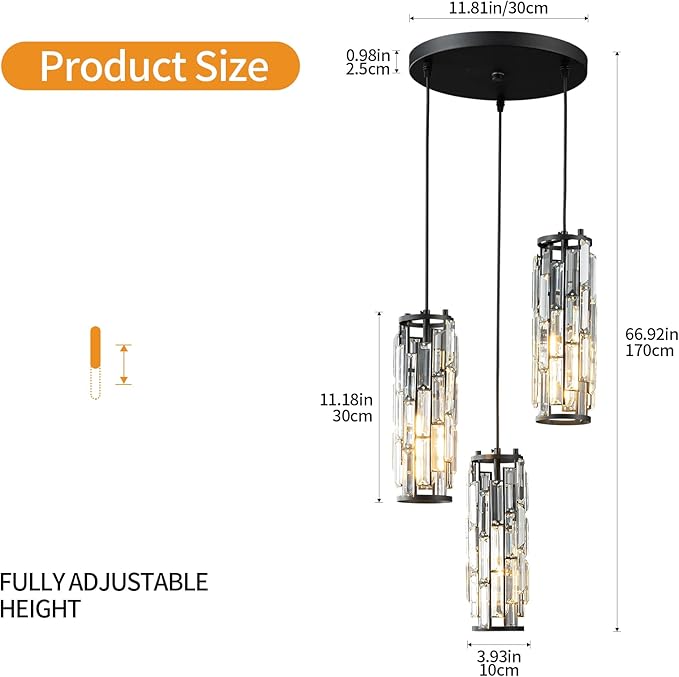 LMQNINE 3 Light Black Pendant Lighting Modern Pendant Light, Mini Crystal Chandeliers,Adjustable Pendant Light Fixture for Kitchen Island Dinning Room Bedroom (Black 3-Light)