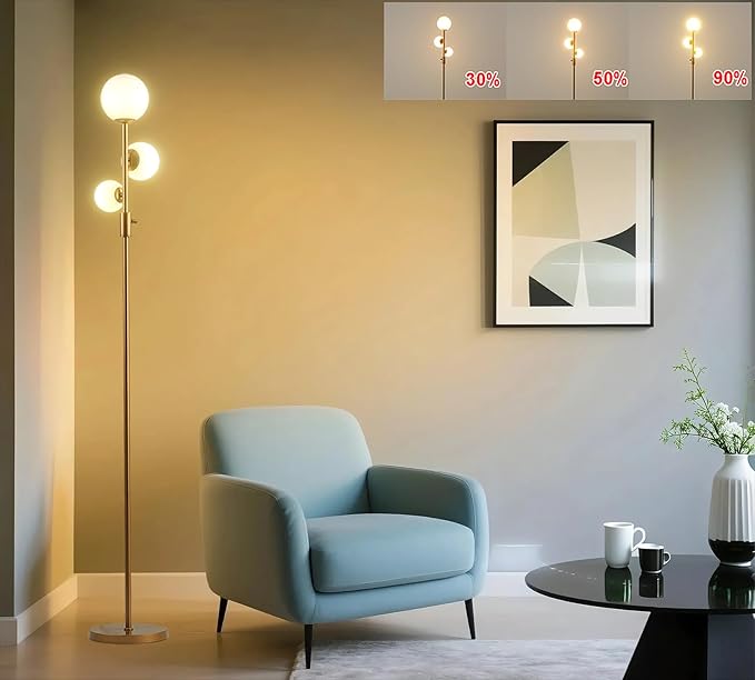 Fiqevs Upgrade Dimmable Floor Lamp, 3 Globe Mid Century Floor Lamps for Living Room with Frosted Glass Shade and 3 LED Bulbs, Vintage Modern Gold Standing Lamp for Bedrooms, Office - Antique Brass