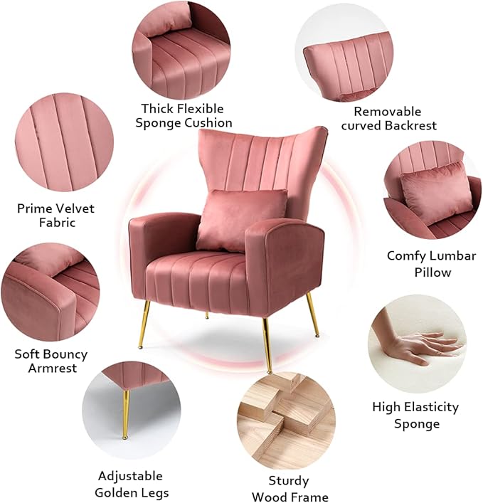X-VOLSPORT Velvet Accent Chairs Set of 2, Mid Century Modern High Back Living Room Chair with Waist Pillow, Upholstered Arm Chair with Metal Gold Legs for Bedroom, Club, Pink