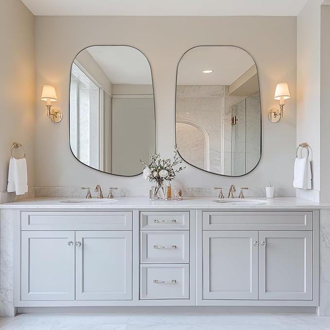 ANDY STAR Brushed Nickel Mirror, 24"x36" Silver Asymmetrical Wall Mirror for Bathroom, Unique Irregular Design with SUS304 Stainless Steel Metal Frame, Ideal for Bathroom, Bedroom, Entryway