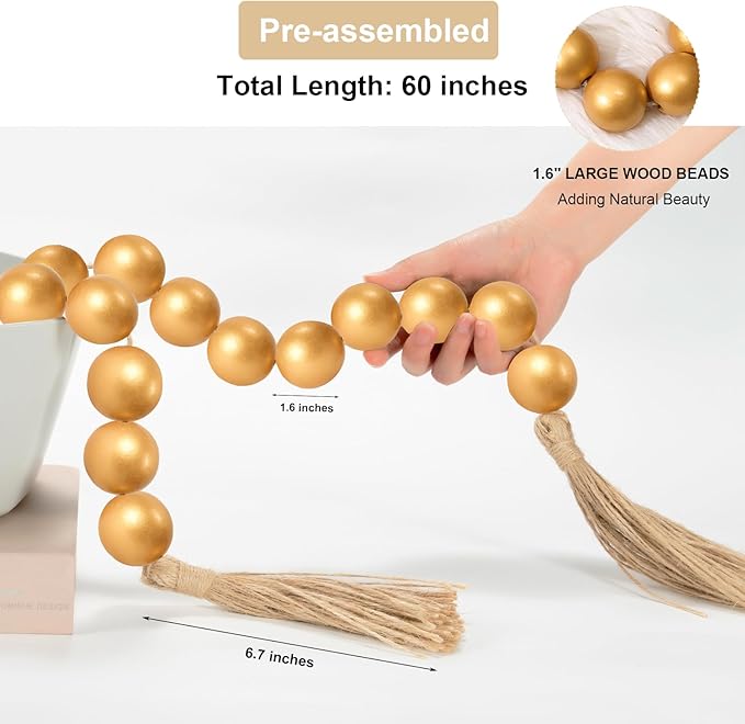 OMISHE 60" Long Extra Large Wood Bead Garland with 1.6" Diameter Wooden Beads and Tassels, Rustic Farmhouse Country Decorative Beads for Home Decor Tiered Tray Decor, Gold