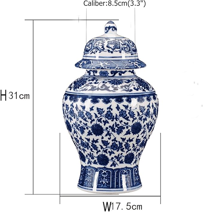 Chinese Decorative Ceramic Temple Jar Traditional Oriental Blue and White Porcelain Ginger Jar Vase with Lid,H12.20 inch