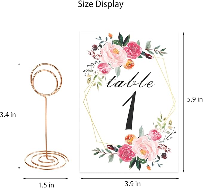 26 PCS Table Number Holder - Table Card Holder Stand Wire Photo Holder with 26 Pcs Floral Table Number Cards, Place Card Holder Stand for Weddings Party Office Paper Memo Menu Note Clips