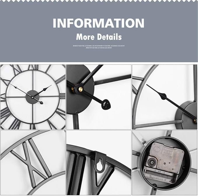 Antique Tower 24 inch Large Roman Numeral Wall Clock, Indoor Outdoor Patio Waterproof Oversized Decorative Contemporary Clock, Antique Black Metal Wall Clock Battery Operated Retro Art Hanging Clock,2