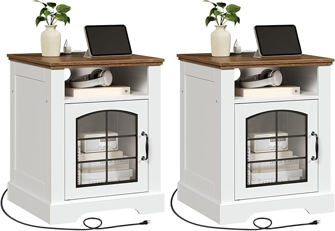 HOOBRO Farmhouse Nightstand Set of 2, with Charging Station, 17.7" Wide Rustic End Tables for Living Room, Wooden Sofa Side Table with Tempered Glass Barn Door and Open Shelf, White and Walnut