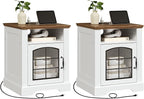 HOOBRO Farmhouse Nightstand Set of 2, with Charging Station, 17.7" Wide Rustic End Tables for Living Room, Wooden Sofa Side Table with Tempered Glass Barn Door and Open Shelf, White and Walnut