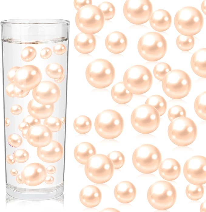 200PCS Light Champagne Floating Beads, Champagne Marbles for Vases, Floating Beads for Centerpiece Vases, Vase Filler Faux Pearls, No Holes Filler Beads for Party Wedding Decor, 10/14/20/30mm