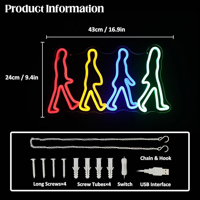 Rock Band Neon Sign Four People Walking Neon Lights for Bedroom Music LED Sign Abbey Road Wall Art Light Up Sign for Game Room Man Cave Decor Rock Music Fans Gifts