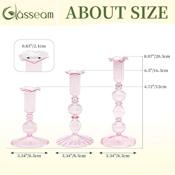 Glasseam Tapered Candlestick Holders Pink: Set of 3 Glass Candle Sticks Holder Decor with Bobeche Modern Ribbed Taper Candle Holders for Table Centerpiece Valentines Wedding Home Decorations