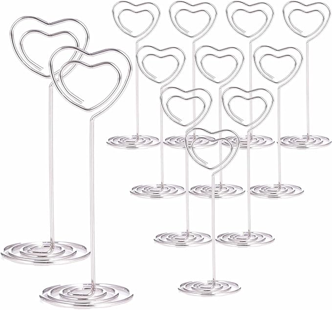 12pcs Table Number Holders Metal, 3.35 inch Place Card Stands for Wedding Centerpieces, Birthday Party - Table Card & Photo Picture Holders (Silver-Heart Shaped)