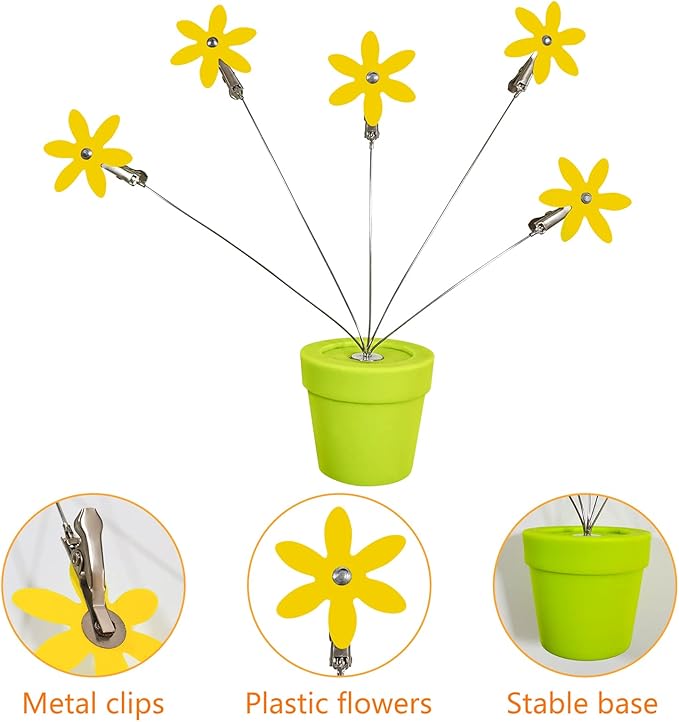 Cute Flower Table Card Memo Holder Stand,1 Pcs Photo Clips Holder Desk Stand for Memo Paper Note Monmory Photo Christmas Wedding Display with Flowerpot Shaped Plastic Base (Yellow)