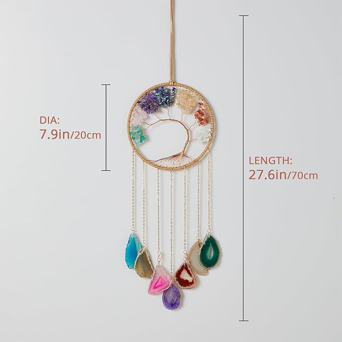 Rainbow 7 Agates Gemstone Dream Catcher 7 Chakras Tree of Life Dream Catcher with Healing Crystal Stones Handmade Dreamcatcher Wall Decor for Adults Boys Girls,Bedroom,Wedding,Garden,Bless Gift
