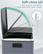 Arlopu 16 GallonStainless Steel Trash Can, 60L Dual Compartment, Metal Kitchen Step Recycle Bin, Metal Double Dustbin, in-Home Garbage Rubbish Can W/Removable Liner Buckets (Grey)