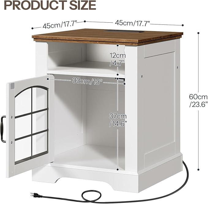 HOOBRO Farmhouse Nightstand Set of 2, with Charging Station, 17.7" Wide Rustic End Tables for Living Room, Wooden Sofa Side Table with Tempered Glass Barn Door and Open Shelf, White and Walnut