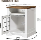 HOOBRO Farmhouse Nightstand Set of 2, with Charging Station, 17.7" Wide Rustic End Tables for Living Room, Wooden Sofa Side Table with Tempered Glass Barn Door and Open Shelf, White and Walnut