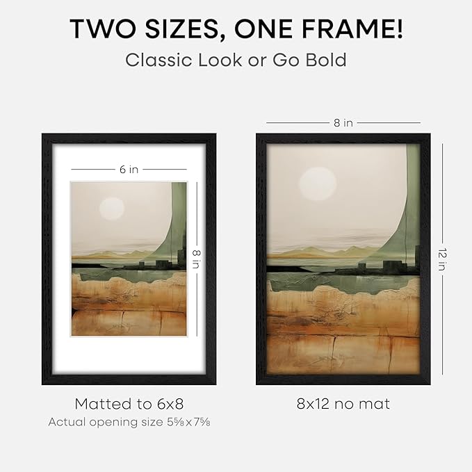 Homeforia 8x12 Black Picture Frame, High End Oak 8 x 12 Wood Frames with Mat 6 by 8 Print, 8by12 Wooden Frame Matted to 6x8 inch Photo, 12x8 Wall or Tabletop Frames, Tempered Glass, Wall Kit, Set of 1