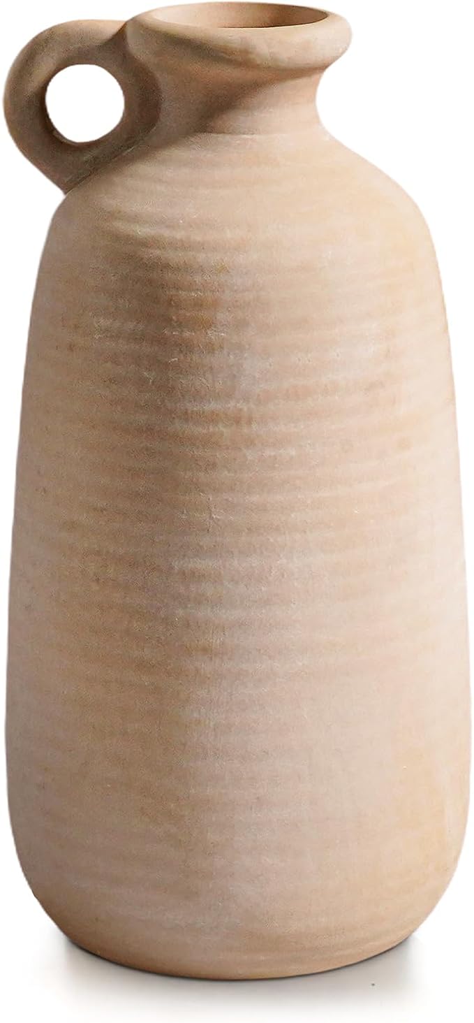 Sunddo Terracotta Rustic Vase with Handle, 10 inch Ceramic Vase, Farmhouse Pottery, Vintage Vases, Centerpiece Table Decorations for Living Room,Shelf Home Decor