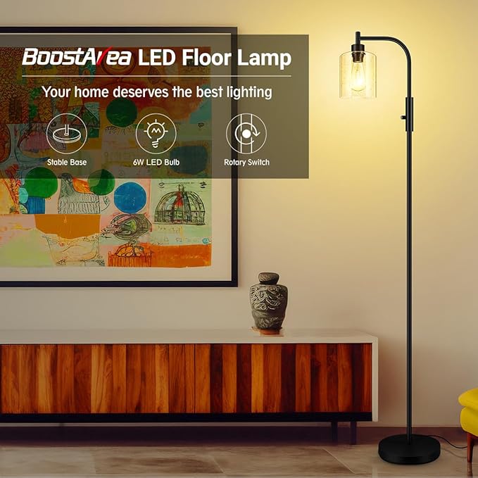 BoostArea Dimmable Floor Lamp, Standing Lamp with Seeded Glass Lampshade, 6W LED Bulb Included, Modern Floor Lamp, Industrial Floor Lamp, Bright LED Floor Lamp for Living Room and Bedroom, Office