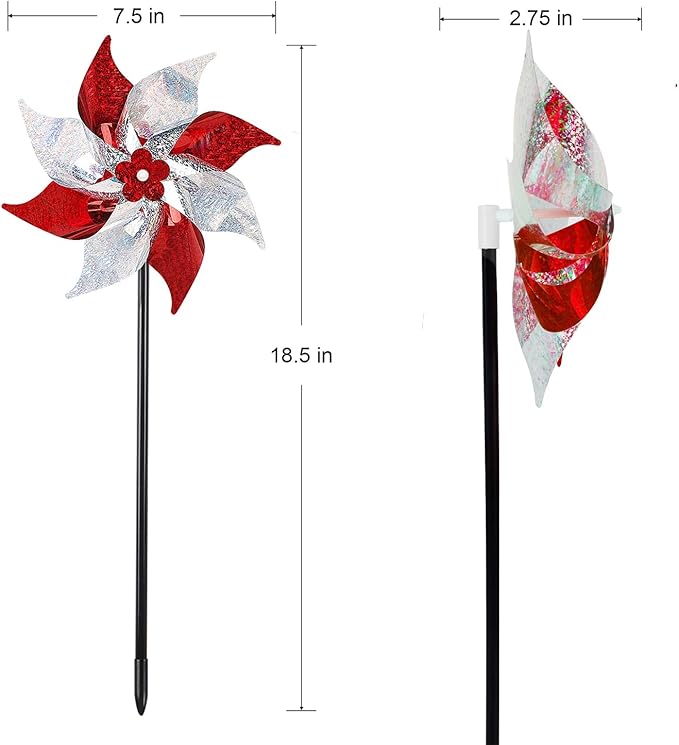 Hausse 10 Pack Reflective Pinwheels, Extra Sparkly Wind Sculptures for Garden Christmas Holiday Winter Decor, Bird Devices Deterrent to Scare Birds Away from Yard Patio Farm, Red & Silver