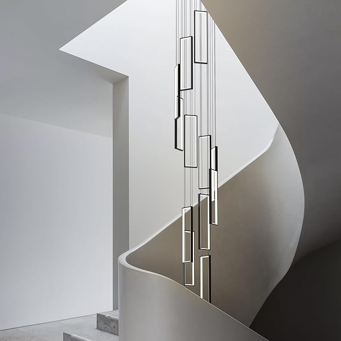 Modern Adjustable Height Pendant Light Fixture Black 252W LED Pendant Lights 12 Rings Rectangular Chandelier Staircase Large Chandelier Lobby Living Room Foyer High Ceiling Chandeliers