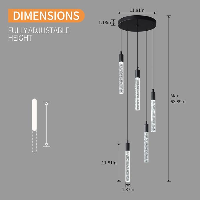 Modern Light Fixture Kitchen Island Pendant Light Dimmable LED Black Pendant Lights Mini Crystal Pendant Lighting for Bedroom Dining Room Living Room（5-Light ）