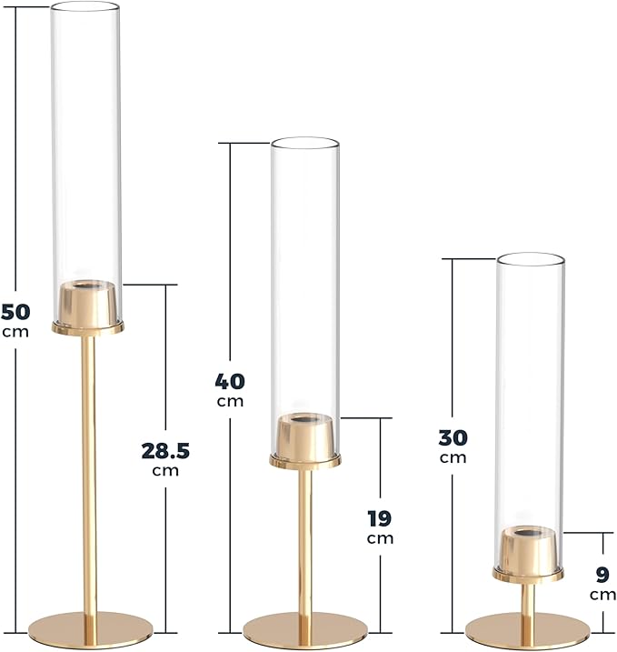 21 Pack 23.6 & 21.7 & 19.7 in Tall Gold Hurricane Candlesticks Holder with Glass Cylinder Cover - Candle Holders for Table Centerpiece (Gold)