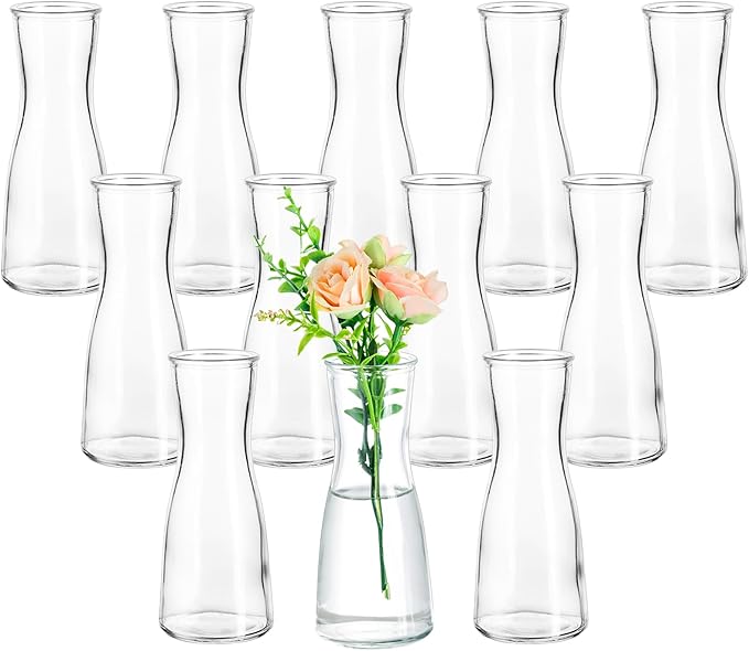 Hewory Glass Bud Vases for Centerpieces - Clear Small Flower Vase Set of 12, Modern Minimalist Cute Mini Decorative Bulk Vases for Wedding Bridal Shower Birthday Party Events Dining Room Table Decor