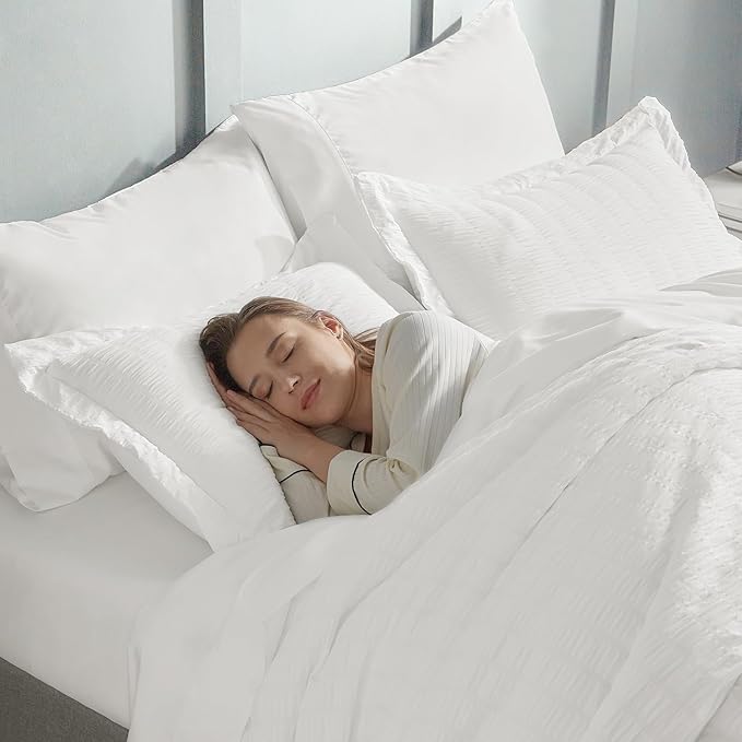 CozyLux Queen Comforter Set White Seersucker 7 Pieces Bed in a Bag Queen Comforter Set with Sheets, Luxury Soft Bedding Set with Down Alternative Comforter, Sheets, Pillowcases & Shams for All Seasons