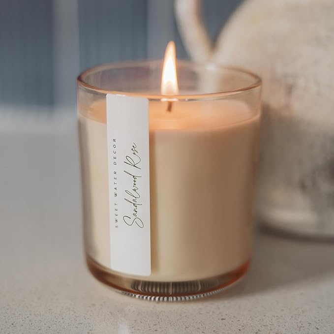 Sweet Water Decor Sandalwood Rose Scented Soy Candles – Green, Leafy, Winey, Rose, Guaiac Wood, Cedar, Amber, Musk – Cozy Aroma – 50 Hour Burn – 12oz Tinted Glass Jar for Home Decor and Bedroom Decor