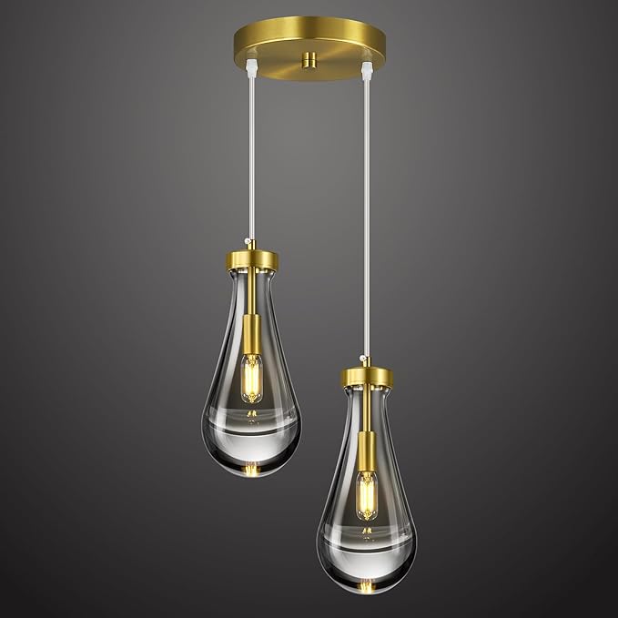 Raindrop Pendant Lights Kitchen Island Teardrop Gold Hanging Light Fixtures Clear Solid Glass Pendant Light Modern Chandeliers for Dining Room Porch Corridor Living Room(2-Light)