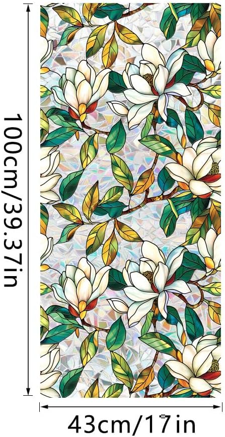 Window Film, Stained Glass Window Privacy Film, Rainbow White Flowers Double Sided Non-Adhesive Window Cling Stickers for Home Office Living Room Glass Windows Door Decor 16.93 x 39.37 Inch