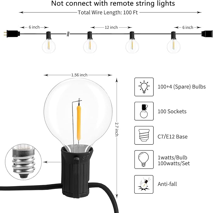 LED G40 Outdoor String Lights Patio Lights 100FT with 104 LED Shatterproof Bulbs, Weatherproof Commercial Hanging Lights for Backyard Bistro Pergola Party Decor, E12 Socket Base, 2200K, Black
