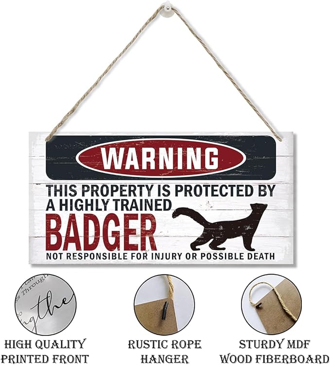 Warning Sign, Badger Warning Wood Plaque Sign, Funny Door Signs, Decorative Wood Hanging Suspension Plaque, Farmhouse Wooden Wall Decor, Outdoor Hanging Wooden Signs