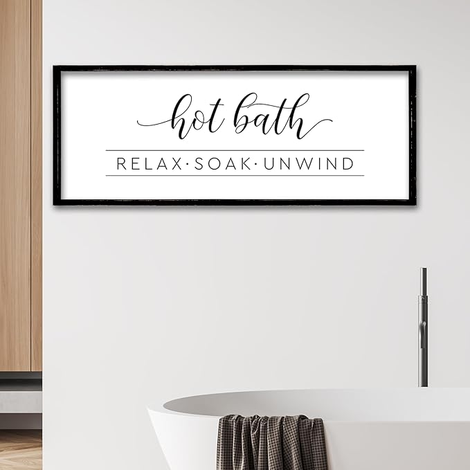 ZZJJHYWGQ Hot Bath Relax Soak Unwind Sign Bathroom Wall Decor 32"×12" Farmhouse Rustic Funny Bathroom Vintage Restroom Guest Large Wooden Framed Washroom Hanging Art (Black)